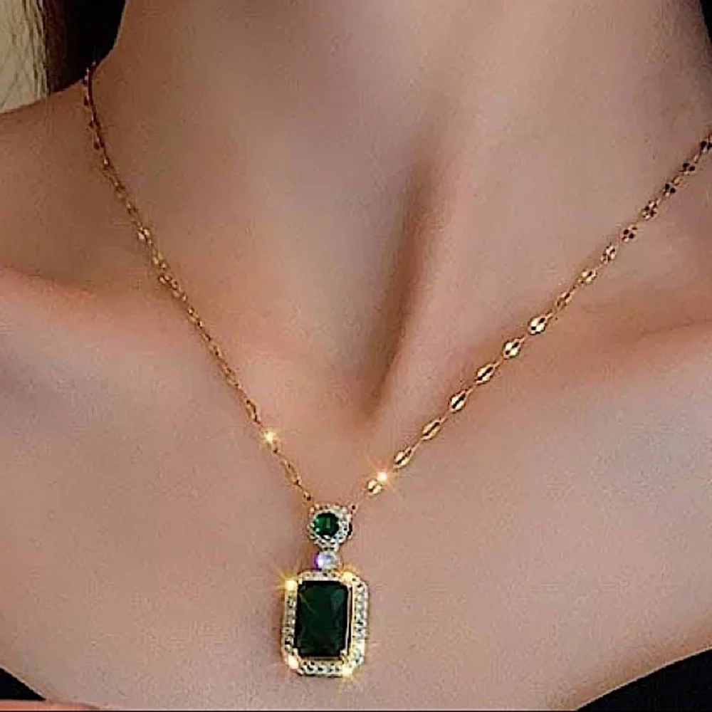 Emerald Gold Plated Zircon Charm Pendant Necklace Matching Earrings Set